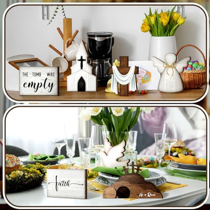 Tujoe 8 Pcs Easter Tiered Tray Decor Set Religious Christian Easter Wooden Table Decorations Sign He is Risen Cross Empty Tomb Centerpieces for Kitchen Home Party Holiday