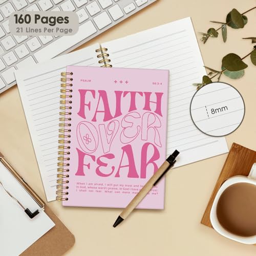 Wheatwin Faith Over Fear Christian Notebook, Bible Journal, Prayer Journal for Women & Men, Church Notes Journal, Scripture Hardcover Spiral Notebook 5.5x8.3 in - Pink - color: Faith over fear - Pink (bible-pink)