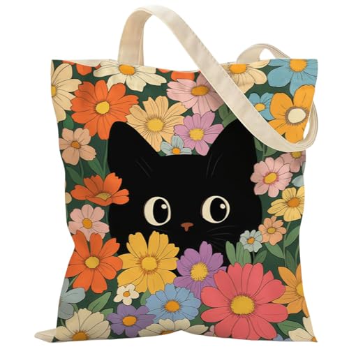Canvas Tote Bags Reusable Shopping Bag for Women with Zippered Inner Pocket Magnetic Snap Closure - color: Black Cat 2