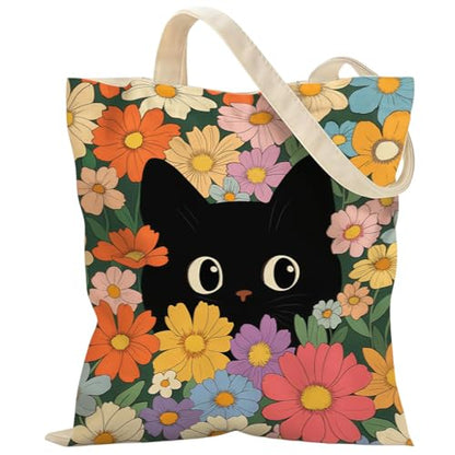 Canvas Tote Bags Reusable Shopping Bag for Women with Zippered Inner Pocket Magnetic Snap Closure - color: Black Cat 2