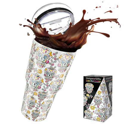 30oz Sugar Skull Tumbler Double Vacuum-Insulated | Keep Drinks 20H Cold/5H Hot, Travel Mug for Camping/Gym/Office, Day of the Dead/Halloween/Christmas Gift - color: White Sugar Skull