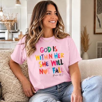 Sulayesh Christian Shirts for Women Jesus God is Within Her Tshirt Faith Inspirational Bible Verse Religious Graphic Tee Tops - color: Pink, size: Small