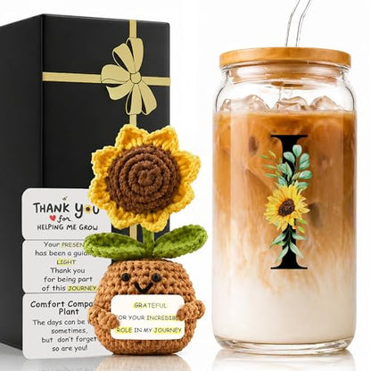 2 in 1 Personalized Glass Drinking Cup and Sunflower Doll Women Teacher Christmas Math Biology Piano Future Mentor Ballet Drama Guitar Yoga Speech Gifts Substitute Montessori Physics Chemistry Band I - style: Initial-I
