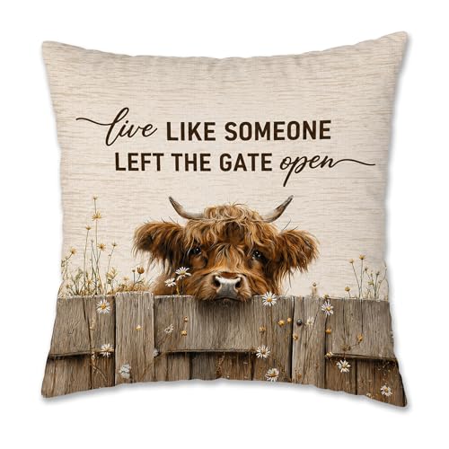 Rustic Highland Cow Pillow Cover 18x18, Highland Cow Lover Gifts, Live Like Someone Left the Gate Open Decorative Pillow Cover Pillowcase for Farmhouse Home Bedroom Living Room - color: Highland Cow-15