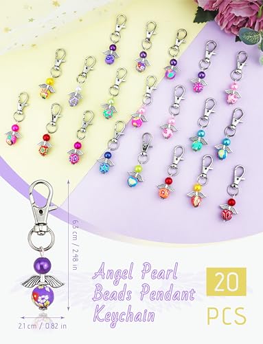 20 Pcs Angel Pearl Beads Pendant Keychain, Angel Fairy Mixed Stone Dangle Charms with Swivel Clasps Hook for Bag Pouch Purse Key Holders