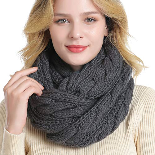 Winter Women Thick Cable Knit Ribbed Infinity Circle Loop Scarf - color: 01- Dark Grey