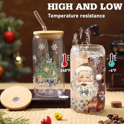 Teenyyou 12 Sets of Christmas Glasses Cups with Bamboo Lid and Glass Straw 16 oz Christmas Stripes Glass Jar Winter Drinking Cups Santa Snowman Elk Coffee Cup for Women Men Xmas Holiday Party Gifts - style: Wood Stripes