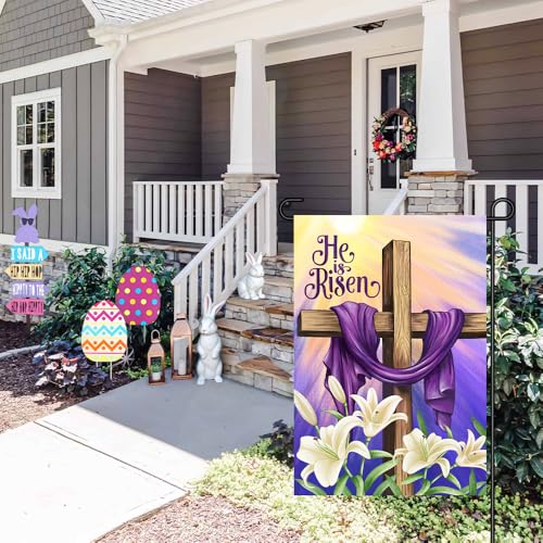 He is Risen Easter Christian Garden Flags 12x18 Double Sided Burlap, Religious Cross Spring Lily Flower Sign Small Flag Farmhouse Yard Outdoor Decoration DF701 - size: 12" X 18"