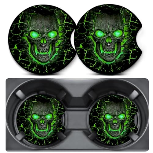 2 Pack Green Skull Car Coasters for Cup Holders,Neoprene Anti Slip Mat - color: Skull - Green
