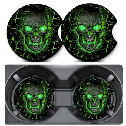 2 Pack Green Skull Car Coasters for Cup Holders,Neoprene Anti Slip Mat - color: Skull - Green