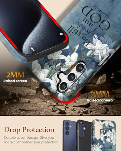 Compatible for Samsung Galaxy A37 5G Case, 2 Layer Hard Shell Silicone Cover 2 in 1 Shockproof Protective Phone Case,Bible Verse Psalm 46:10,White Flowers - color: Bible Verse Psalm 46:10,White Flowers, size: A37