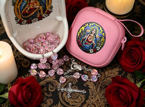 Handmade Rosary Beads for Women, Elegant Catholic Gifts for First Communion, Confirmation & Spiritual Prayer, Unique Beaded Rosary Necklace with Zippered Case - color: Pink - Immaculate Heart of Mary