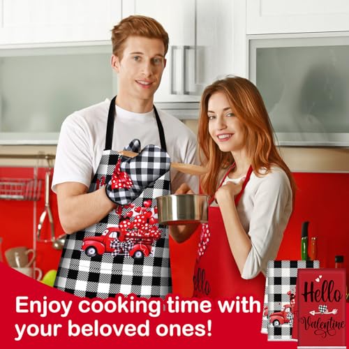 Newcotte 12 Pcs Valentine‘s Day Cooking Gift Sets for Couples Mr and Mrs Valentines Chef Apron Lovely Kitchen Towels Plaid Oven Mitt and Pot Holders Kitchen Accessories for Valentine‘s Day Gifts