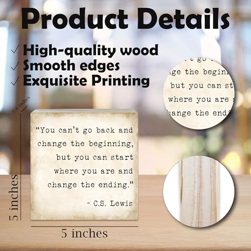 You Can't Go Back And Change The Beginning - Rustic Wooden Block Sign - 5'' Bible Verse Wooden Plaque - Christian Decor, Religious Gift for Women Men - Farmhouse Home Office Tabletop Shelf Decor -A01 - color: Bible-1