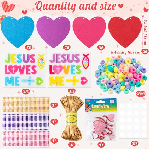 BeYumi Valentines Necklace Craft Kit - 24Pcs Valentine's Day Christian Heart Felt Jesus Loves Me Necklace Making Kits With Gem Stickers DIY Religious Craft for Kids Sunday School Classroom Party Favor - style: Jesus Loves Me