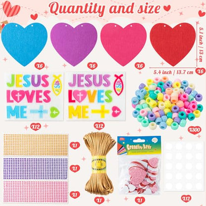 BeYumi Valentines Necklace Craft Kit - 24Pcs Valentine's Day Christian Heart Felt Jesus Loves Me Necklace Making Kits With Gem Stickers DIY Religious Craft for Kids Sunday School Classroom Party Favor - style: Jesus Loves Me