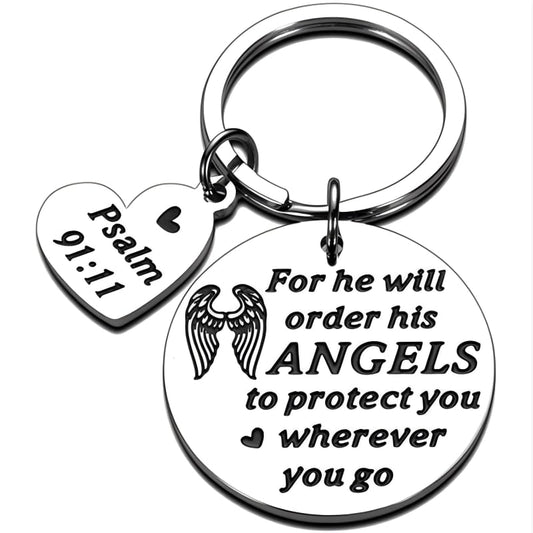 Religious Angel Wings Keychains Psalm 91:11 Bible Verse Keyring Inspirational Gifts for Family Bags Car Keys Charms
