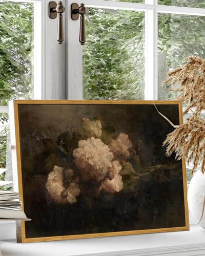 KBKBART Framed Moody Floral Wall Art, Gothic Dark Flower Painting 16x24inch - color: Moody Peony, size: 24"L x 16"W