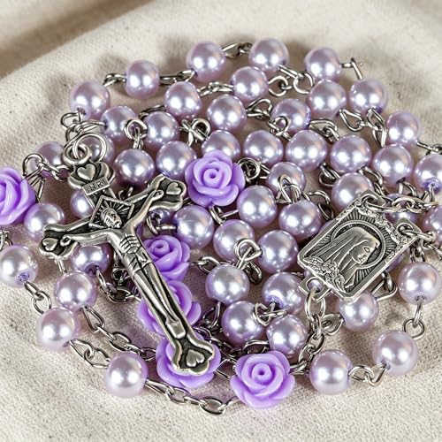 Handmade Rosary Beads for Women, Elegant Catholic Gifts for First Communion, Confirmation & Spiritual Prayer, Unique Beaded Rosary Necklace with Zippered Case - color: Light Purple - Our Lady of Lourdes