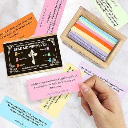 Bible Verse Box (150 Verses), Upgrade Color-Coded Read Me Whenever Bible Verses Cards in Jar, Prayer Box and Wooden Handheld Pocket Cross, Christian Gift for Her, Christmas - color: Bible Box 2