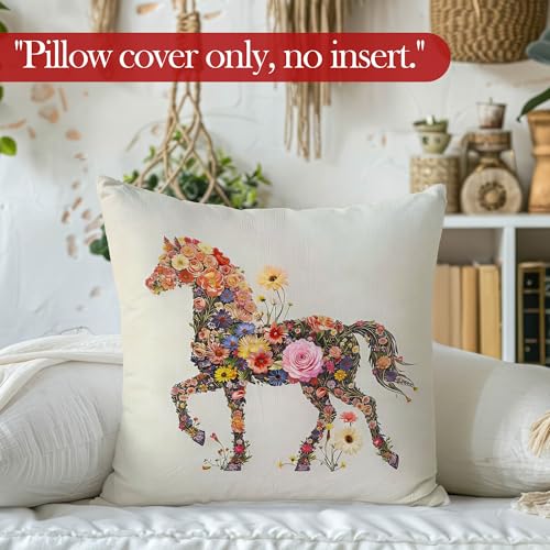 Vintage Horse Floral Throw Pillow Cover, Horse Gifts for Women, Neutral Botanical Equestrian Decorative Pillowcases Cushion Cases for Home Bedroom Living Room Decor, 18x18 Pillow Covers - color: Animal_11