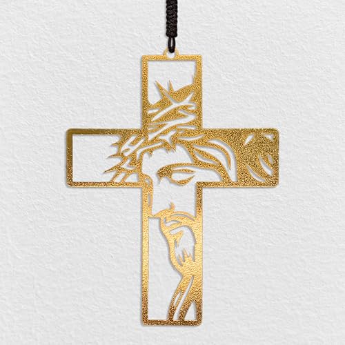 Electroplated Gold Christian Cross – Premium Mirror Hanging Crucifix – Religious Car Charm & Home Décor – Faith-Inspired Jesus Ornament with Elegant Gold Cord - color: Gold - Jesus Crucifix