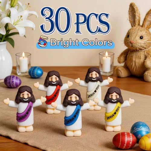 30 Pack Little Jesus Figures with Storage Box, 5 Color Tiny Jesus