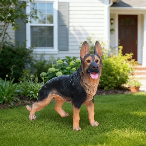 Realistic Large German Shepherd Dog Garden Statue, Finely Sculpted Lifelike Black and Tan Standing Dog Figurine, Weather-Resistant Outdoor Sculpture for Yard, Lawn and Pet Memorial Gift - color: German Shepherd Standing