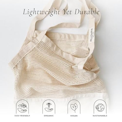 PILLOWPIA French Market Bag – Organic Cotton Tote, Handcrafted Adjustable Strap, Eco-Friendly 12-15" Farmers Market Carrier - color: Natural Modern