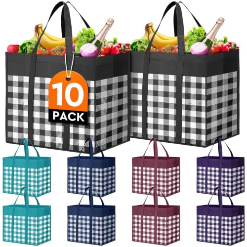 Reusable Grocery Shopping Bags 10 Pack Large Foldable Tote Bags Bulk - color: Plaid: Black,cyan,blue,claret,purple