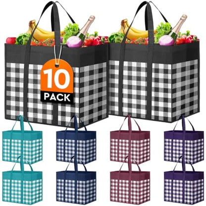 Reusable Grocery Shopping Bags 10 Pack Large Foldable Tote Bags Bulk - color: Plaid: Black,cyan,blue,claret,purple