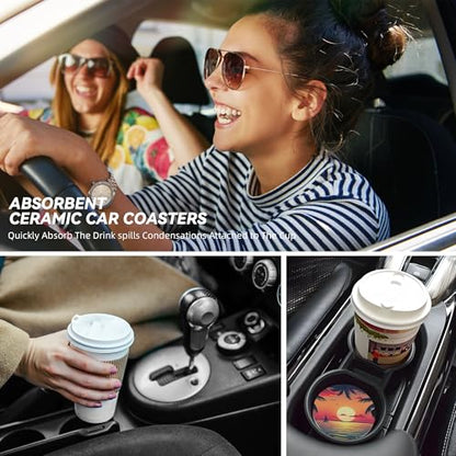 Beach Sunset Car Cup Holder Coasters 2 Pack 2.63" for Women - color: Orange