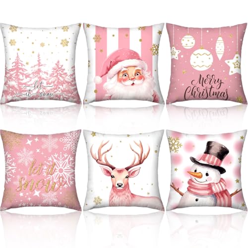 FuWeave 6 Set Christmas Pillow Covers 18 x 18 Inch Pink Pillow Case - style: Pink Christmas