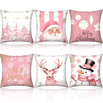 FuWeave 6 Set Christmas Pillow Covers 18 x 18 Inch Pink Pillow Case - style: Pink Christmas