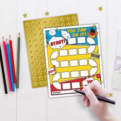 10 Reward Chart with 206 Golden Star Stickers-Comic Theme-Incentive Chart,Positive Behavior Reward Chart for Kids,Toddler Homework Assignments, Attendance(8"X10")-A02 - color: Comic
