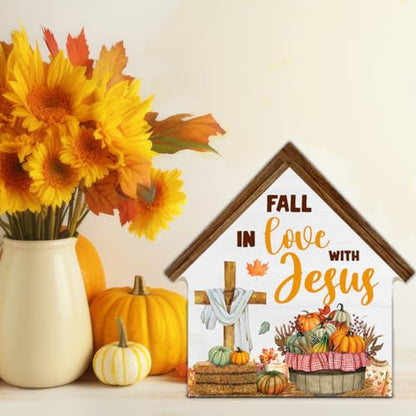Christian Fall Decor, Fall in Love with Jesus House Shaped Wood Block Sign - color: Jesu-2