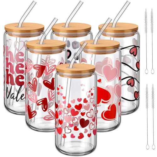 SiliFine 6 Pcs Valentine Heart Glass Cups, 16 oz with Lids and Straws - style: Heart