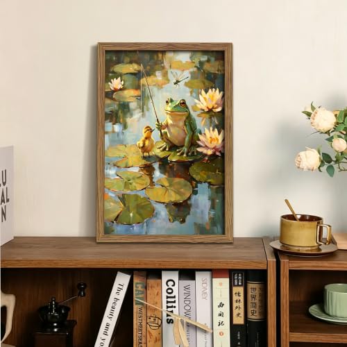 Cute Frog Fishing Wall Art Framed Canvas Print, Frog and Duckling Pond Poster Painting Picture, Woodland Nursery Bathroom Animal Wall Decor Oil Painting for Kids Bedroom Playroom Home 16x24 Inch - color: A-Green Frog, size: 24"L x 16"W