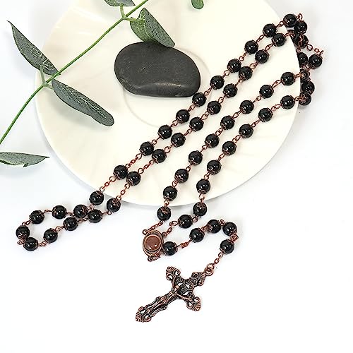 Nazareth Store Natural Stone Beads 8mm Rosary Necklace Antique Copper Design Holy Soil Medal & Cross in Velvet Bag - Catholic Rosaries Terra Santa Jerusalem Collection - color: Black Obsidian