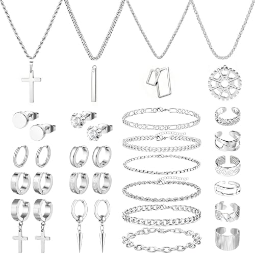 NEWITIN 37 Pieces Silver Jewelry Set for Men Stainless Steel Cross Jewelry - color: Metallic