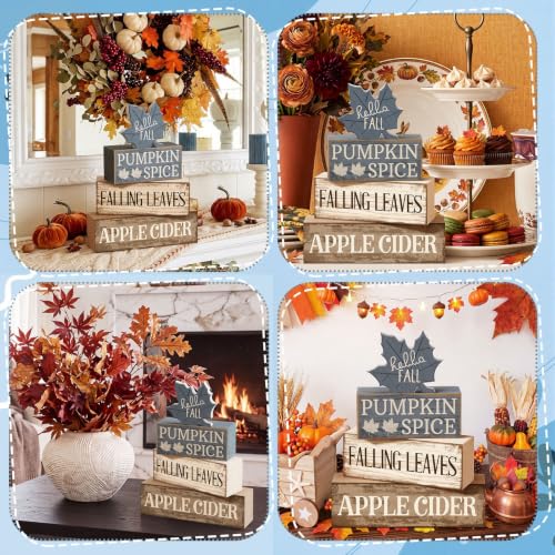 Moucuny 4 Pcs Fall Table Decoration Rustic Blue Maple Leaf Wooden Blocks - style: Blue Maple Leaves