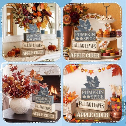 Moucuny 4 Pcs Fall Table Decoration Rustic Blue Maple Leaf Wooden Blocks - style: Blue Maple Leaves