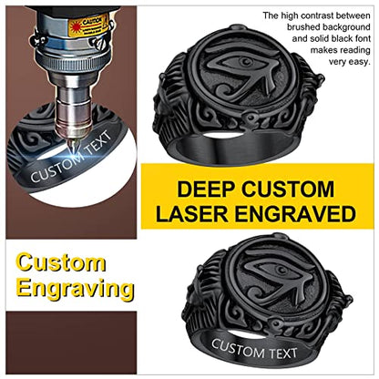 ChainsProMax Can Engrave Men Ancient Egyptian Eye of Ra Ankh Cross Ring, Size #7-#14, Stainless Steel/Gold Plated/Black (Send Gift Box) - color: Engrave-Eye of Ra-black