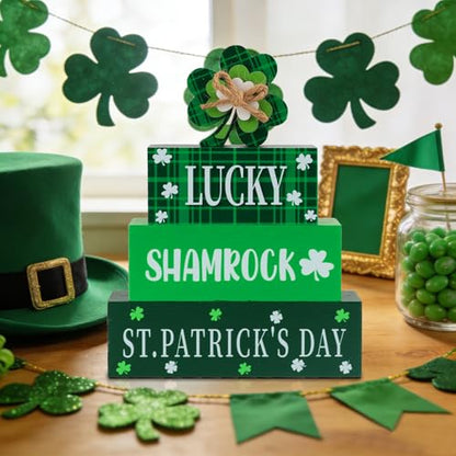 4 Pcs St.Patrick's Day Table Signs Lucky Shamrocks Table Centerpieces Wooden Shamrock Block Signs St Patricks Day Decorations Irish Tiered Tray Decor for Home Office Desk Kitchen Shelf - style: St Patricks