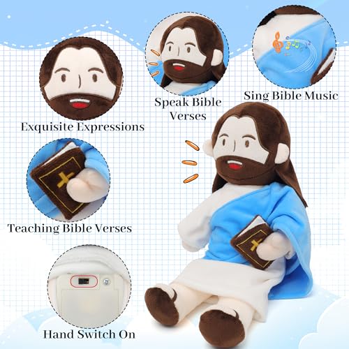 Yelakey Jesus Plush - 13.4“ Voice Jesus Plush Toy Speaking 20 Bible Verses and Singing 3 Bible Songs, Religious Stuffed Doll for Kids, Christian Easter Gift for Church and Sunday School - color: Blue