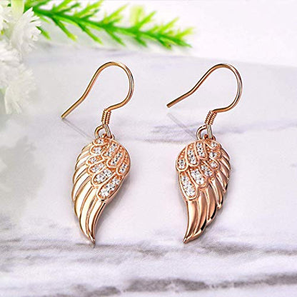 Starchenie Angel Wings Dangle Earrings for Women 925 Sterling Silver Cubic Zirconia Threader Earrings - color: Rose Gold