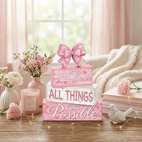 Britimes Tiered Tray Decor Set, 4 Pack, Wooden Table Sign, Pink Bow - style: Pink Bow