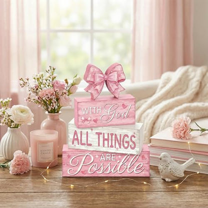 Britimes Tiered Tray Decor Set, 4 Pack, Wooden Table Sign, Pink Bow - style: Pink Bow