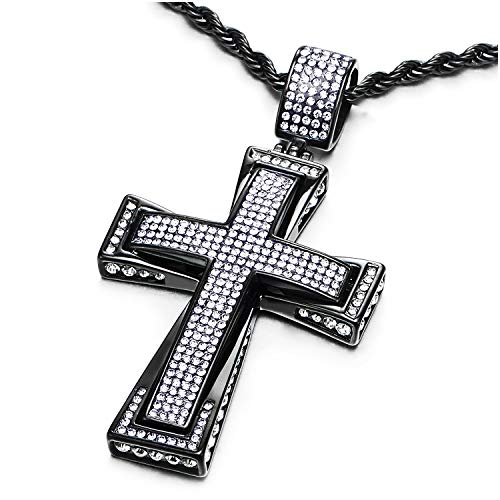 COOLSTEELANDBEYOND Mens Womens EXTRA LARGE Steel Cross Pendant Necklace with Cubic Zirconia and Wheat Chain - color: C-Metal Color: Black