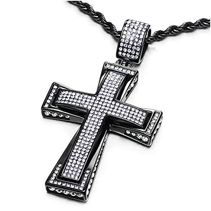 COOLSTEELANDBEYOND Mens Womens EXTRA LARGE Steel Cross Pendant Necklace with Cubic Zirconia and Wheat Chain - color: C-Metal Color: Black